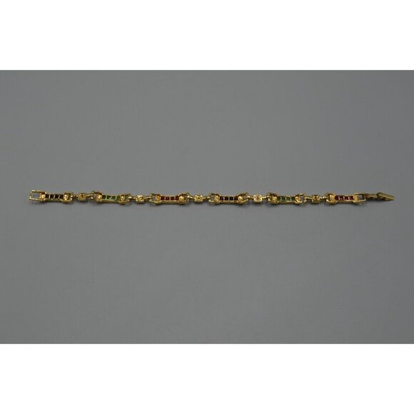 Gemstone Rectangle Link Bracelet Sterling Silver 925 7.5" Pink Green Gold Tone - Picture 7 of 12